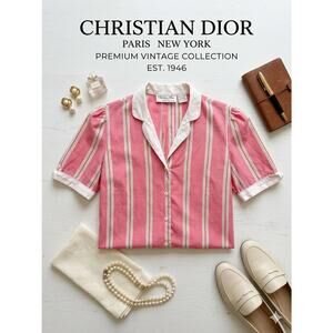 Vintage Christian Dior Striped Short Sleeve Blouse